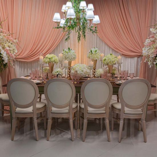 Wood-top Sandstone Willow rectangular dining table with simple legs, warm event dining table for weddings and banquet seating