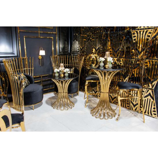 Gold Halexandria bar stool with Hot Pink cushioned seat and curved metal backrest on bar-height frame with foot-rail