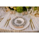 Amore salad plate with black floral center design and decorative patterned rim, round vintage style on a white background for formal events