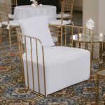 Gold  cushioned Reflection accent chair with gold bar frame, modern luxury lounge seating for weddings and upscale events.