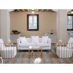 Gold  cushioned Reflection accent chair with gold bar frame, modern luxury lounge seating for weddings and upscale events.