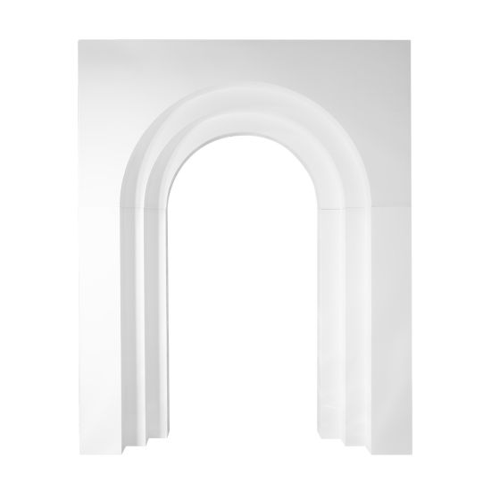 Small white arched panel backdrop with layered arch outline and smooth matte finish, minimalist wedding arch accent for event styling.