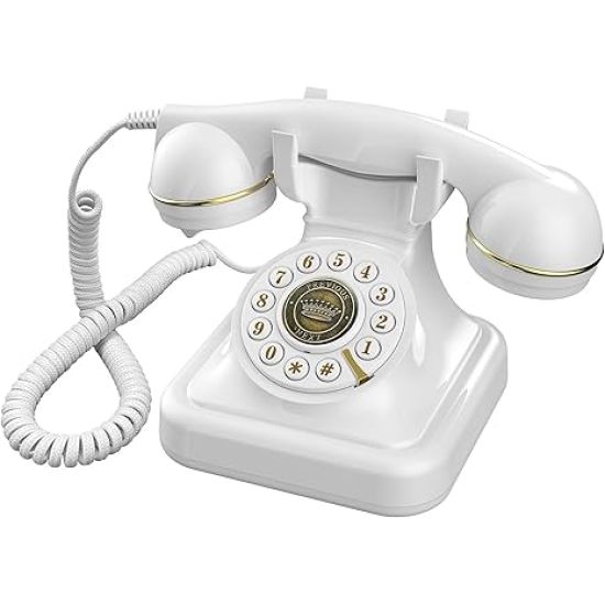 White vintage-style rotary audio guest book wedding phone with handset and cord, elegant wedding rental décor.