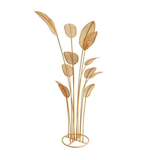 Gold metal palm leaf floor sculpture with multiple leaves, glamorous tropical event décor accent.