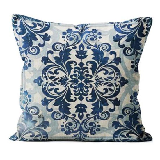Decorative throw pillow with blue damask medallion pattern on light background, elegant accent cushion for weddings and lounge décor.