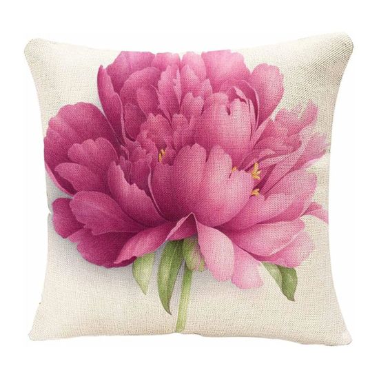 Neutral throw pillow with large pink flower print and soft green leaves, romantic floral accent cushion for weddings and lounge décor.