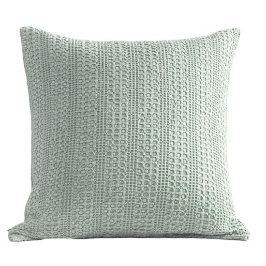 Light sage woven-texture throw pillow with subtle grid pattern, neutral accent cushion for modern event lounges and décor styling.