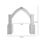 White empire-style arch frame with pointed top, decorative trim, and column bases, statement ceremony arch for weddings and event backdrops.