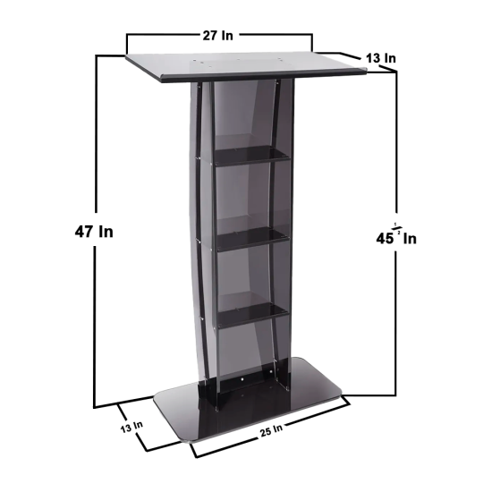 Black acrylic podium lectern with clear front panel and shelves, modern speaking stand for conferences, events, and presentations.