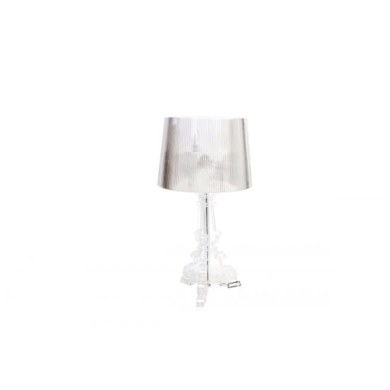 Small clear Colosseum table lamp with transparent pleated shade and ornate base, chic accent lighting for weddings and event décor.