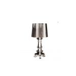 Small silver Colosseum table lamp with metallic pleated shade and ornate sculpted base, chic accent lighting for event lounge décor.