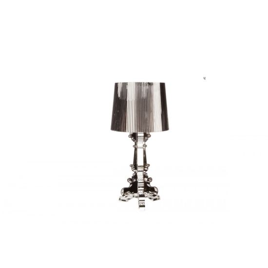 Small silver Colosseum table lamp with metallic pleated shade and ornate sculpted base, chic accent lighting for event lounge décor.