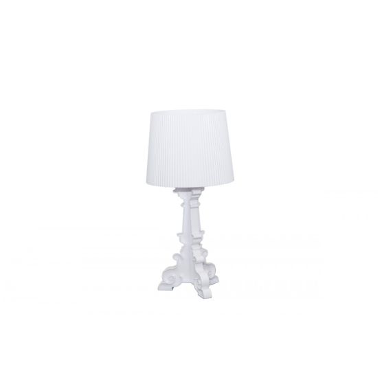 Small white Colosseum table lamp with pleated shade and ornate sculpted base, clean accent lighting for weddings and event décor.