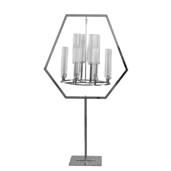 Silver hexagon chandelier stand with hanging crystal-style candle sleeves, modern geometric décor piece for weddings and upscale events.