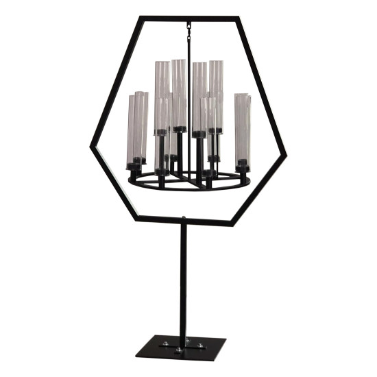 Black hexagon chandelier stand with hanging crystal-style candle sleeves, modern geometric statement décor for weddings and events.