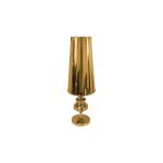 Small gold Glam table lamp with tapered shade and stacked rounded base, luxe accent lighting for weddings and event lounge décor.