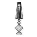 Large black wire-frame lamp with tall open cage shade and ornate base, statement accent lighting for event lounges and décor displays.