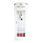 White luxury telephone booth with glass panel doors and red interior flooring, photo booth-style wedding rental.
