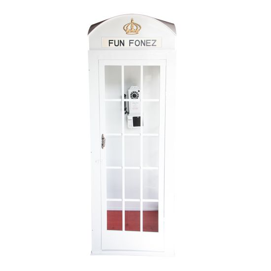 White luxury telephone booth with glass panel doors and red interior flooring, photo booth-style wedding rental.