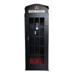 Black luxury telephone booth with glass panel doors and red interior flooring, photo booth-style event rental.