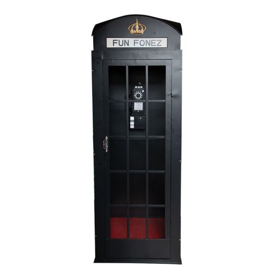 Black luxury telephone booth with glass panel doors and red interior flooring, photo booth-style event rental.