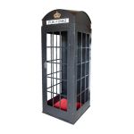 Black luxury telephone booth with glass panel doors and red interior flooring, photo booth-style event rental.