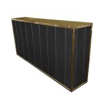 Curved reflective silver-front event bar rental unit with black accent top trim and sleek modern lounge design.