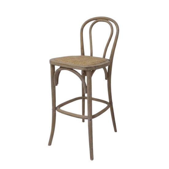 Natural bentwood bar stool with woven rattan seat and curved wood backrest, bohemian-style event height seating in light wood finish