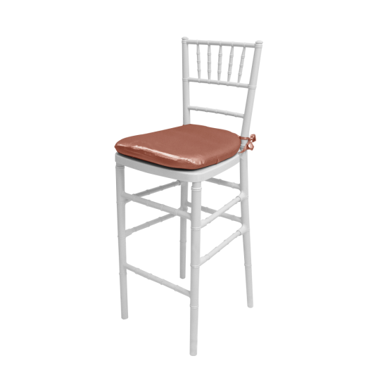 White Chiavari resin bar stool with spindled back and Coral cushion, sleek event-height seating for modern bar setups
