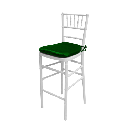 White Chiavari resin bar stool with spindled back and Emerald Green cushion, sleek event-height seating for modern bar setups