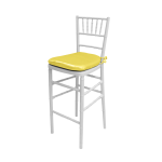 White Chiavari resin bar stool with spindled back and Yellow cushion, sleek event-height seating for modern bar setups