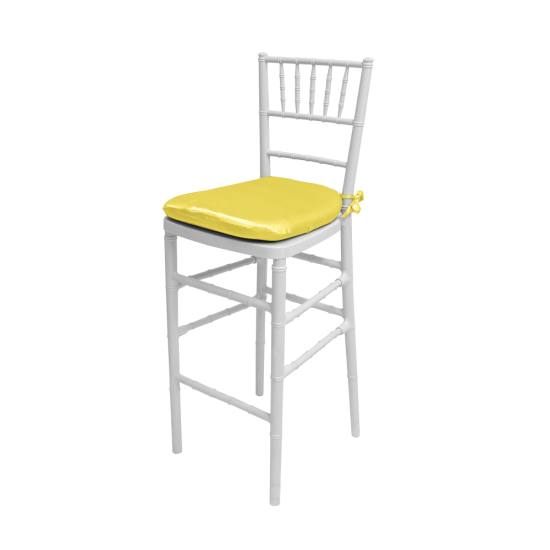 White Chiavari resin bar stool with spindled back and Yellow cushion, sleek event-height seating for modern bar setups