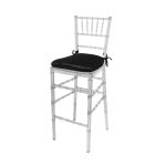 Clear resin Chiavari bar stool with spindled back and Black cushion, transparent event-height seating for upscale bar areas