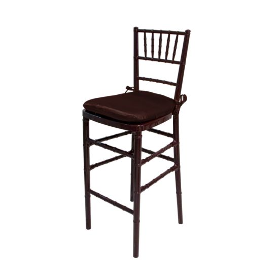 Mahogany Chiavari bar stool with high spindled back and Brown cushion, dark-wood resin event-height seating ideal for bar setups