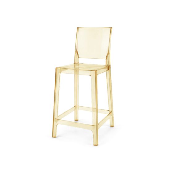 Transparent amber acrylic ghost bar stool with square backrest and footrest frame, modern bar-height stool for kitchen island, counter, or contemporary bar seating.