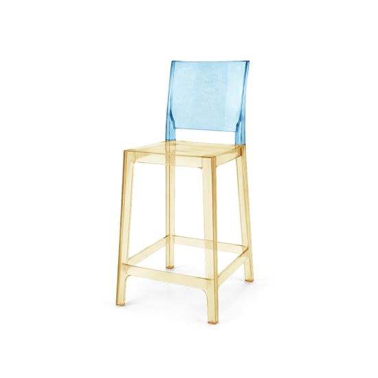 Transparent acrylic bar stool with amber base and legs and light blue square backrest, modern ghost-style high stool for kitchen island or bar seating.