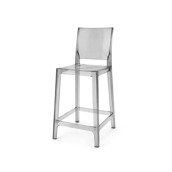 Transparent smoky gray acrylic ghost bar stool with square backrest and footrest frame, modern bar-height stool for kitchen island, counter seating, or bar area.