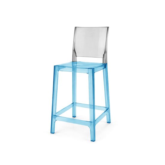 Transparent acrylic bar stool with blue base and seat and smoky gray square backrest, modern ghost-style bar stool for kitchen island or counter seating.