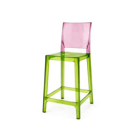 Transparent acrylic bar stool with green base and seat and pink square backrest, modern ghost-style bar stool for kitchen island or counter seating.