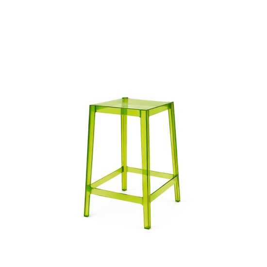 Ghost barstool without backrest made of transparent acrylic with square seat and modern clear frame for bar and event seating