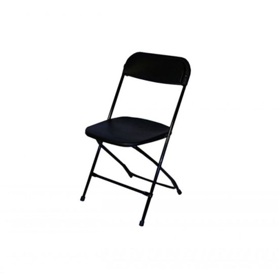 Black Samsonite folding chair with padded seat and back, metal frame and compact foldable design for flexible event seating
