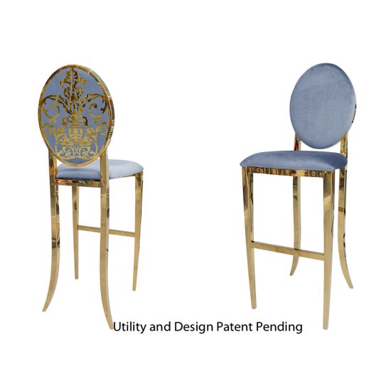 Gold decoDior bar stool with Dusty Blue cushioned seat, oval backrest and foot-rail base, luxe bar-height event seating