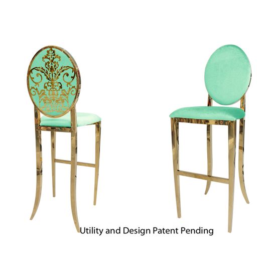 Gold decoDior bar stool with Mint cushioned seat, oval backrest and foot-rail base, luxe bar-height event seating