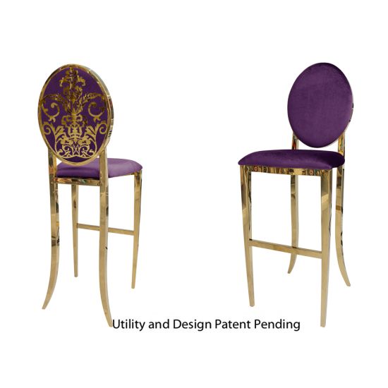 Gold decoDior bar stool with Eggplant cushioned seat, oval backrest and foot-rail base, luxe bar-height event seating