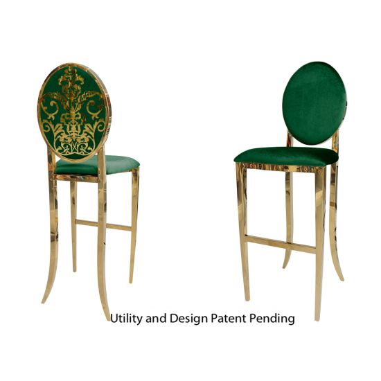Gold decoDior bar stool with Emerald Green cushioned seat, oval backrest and foot-rail base, luxe bar-height event seating
