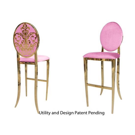 Gold decoDior bar stool with Light Pink cushioned seat, oval backrest and foot-rail base, luxe bar-height event seating