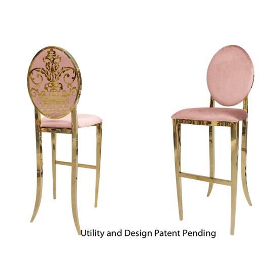 Gold decoDior bar stool with Rose Gold cushioned seat, oval backrest and foot-rail base, luxe bar-height event seating