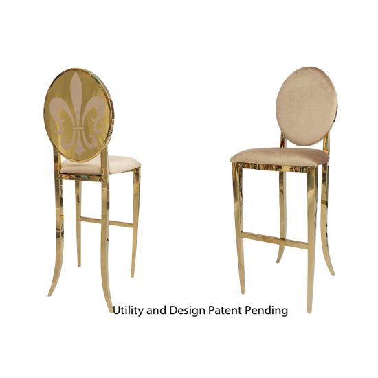 Gold Fleur-de-lis bar stool with Champagne cushioned seat, ornate metal fleur-de-lis backrest and foot-rail base, luxury event bar seating