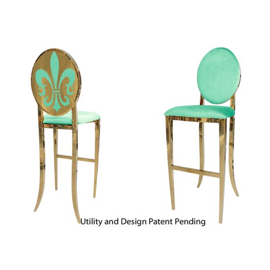 Gold Fleur-de-lis bar stool with Mint cushioned seat, ornate metal fleur-de-lis backrest and foot-rail base, luxury event bar seating