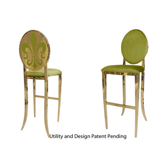 Gold Fleur-de-lis bar stool with Moss Green cushioned seat, ornate metal fleur-de-lis backrest and foot-rail base, luxury event bar seating